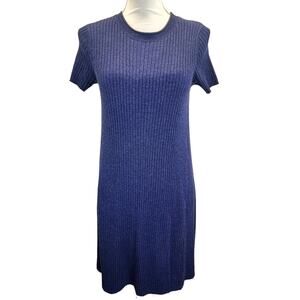 Zara Stretch‎ Knit Dress Blue Size S Short Sleeve Ribbed Knee Length Casual